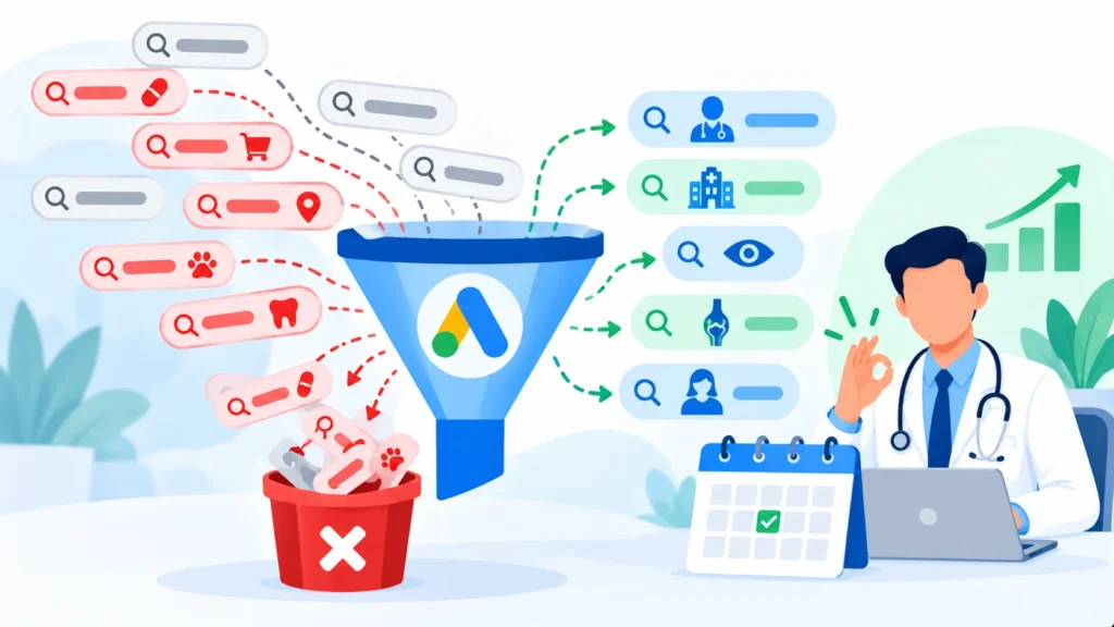 Negative keywords reducing wasted Google Ads spend for doctors