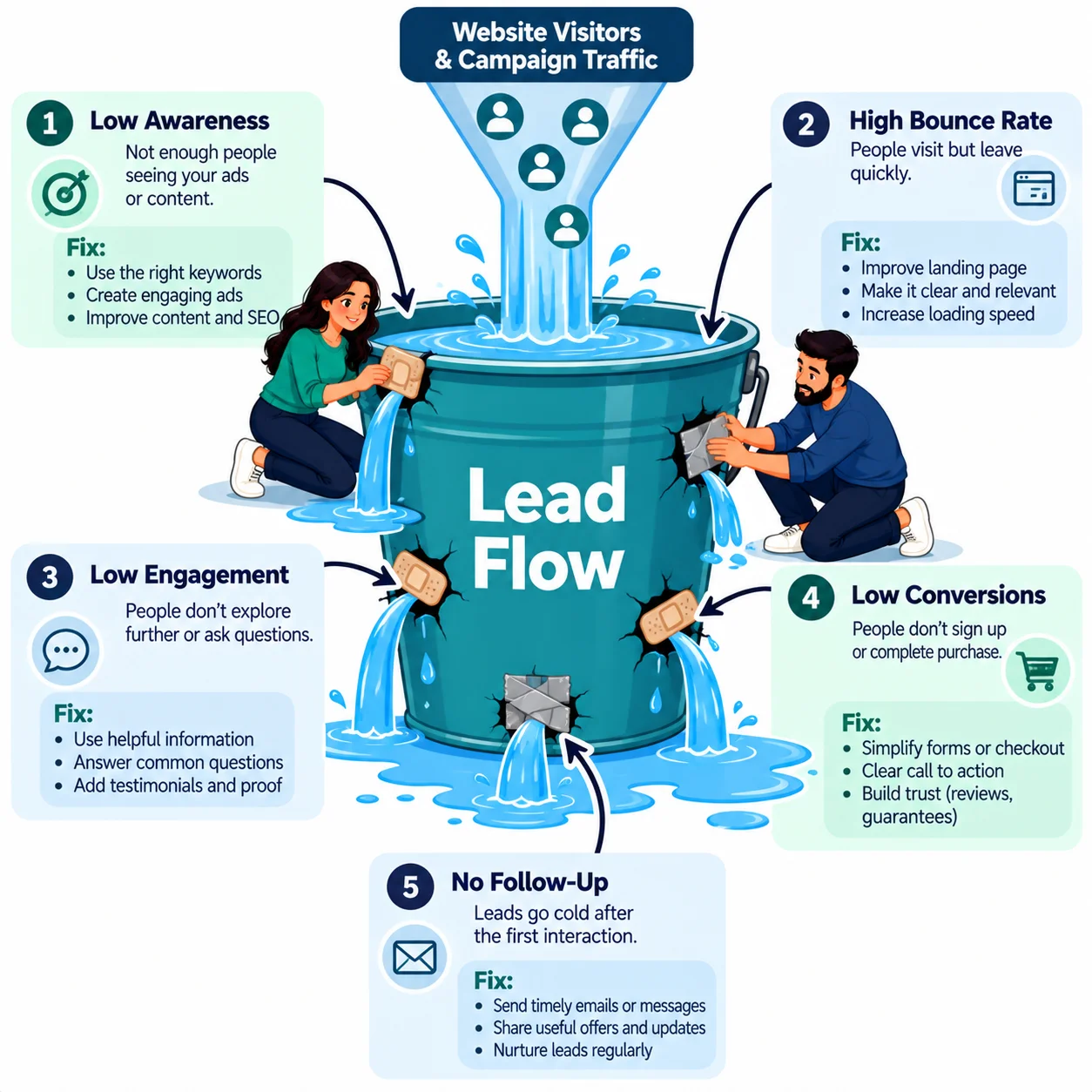 Lead flow bucket with leaks being patched