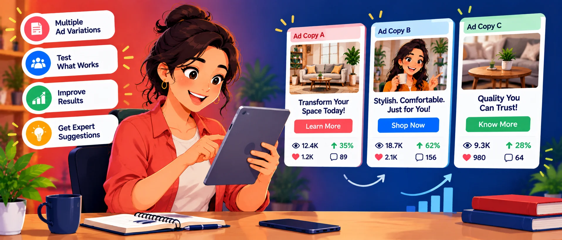 Business owner reviewing ad copy variations on a tablet