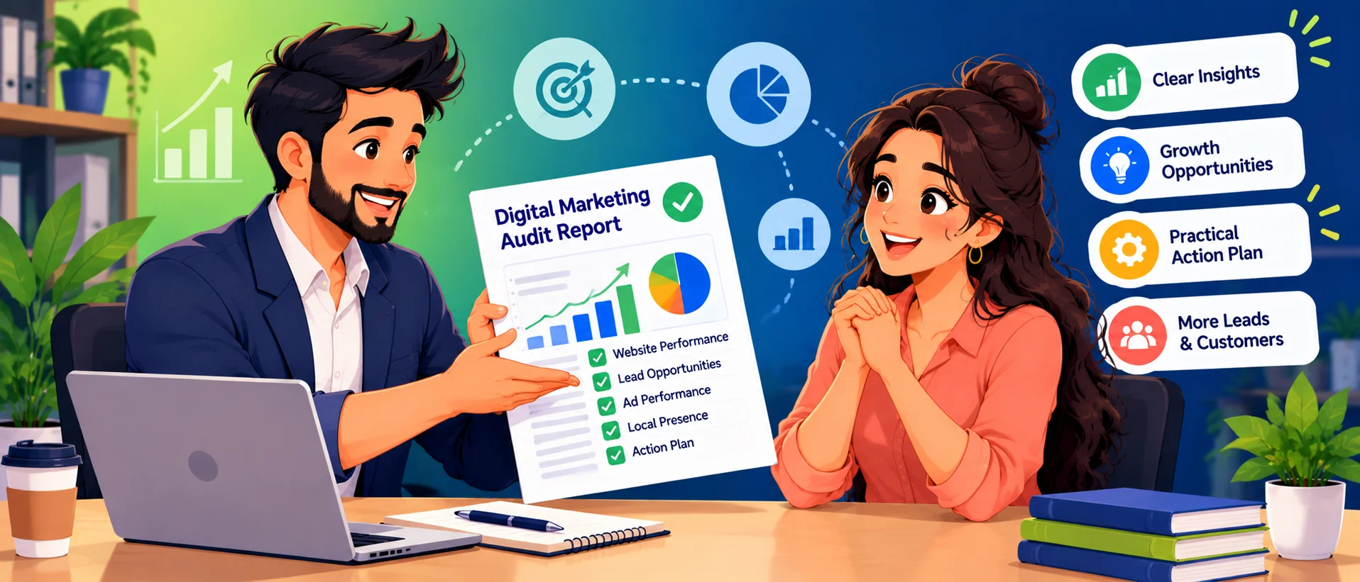 Consultant handing a marketing audit report to a business owner