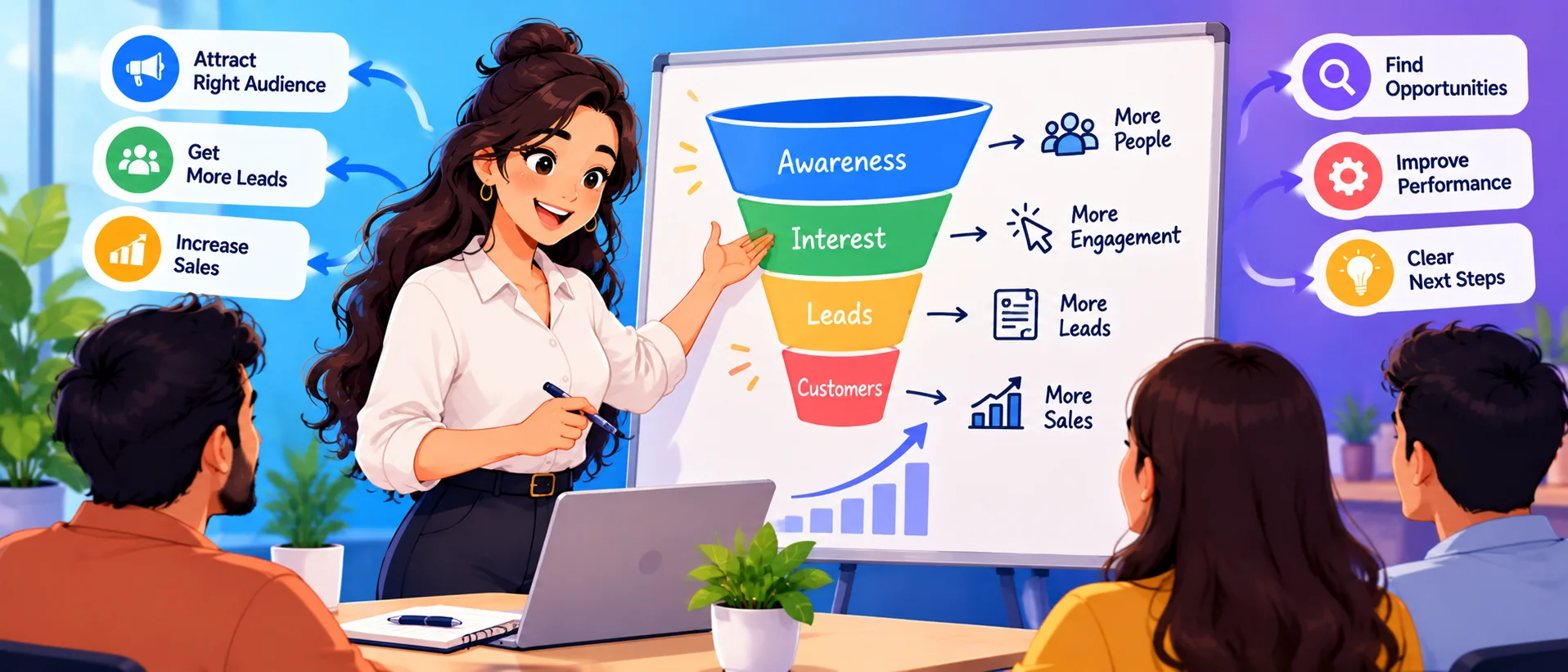 Business owner reviewing a marketing funnel on a whiteboard