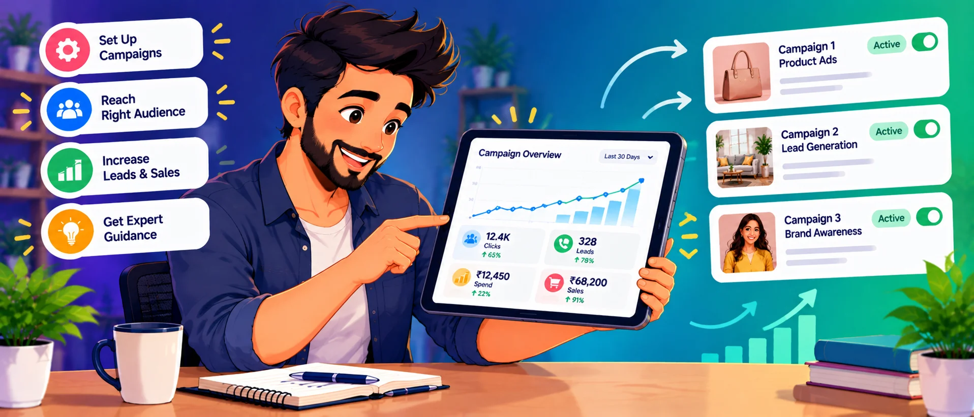 Owner reviewing Google Ads campaign setup on a tablet