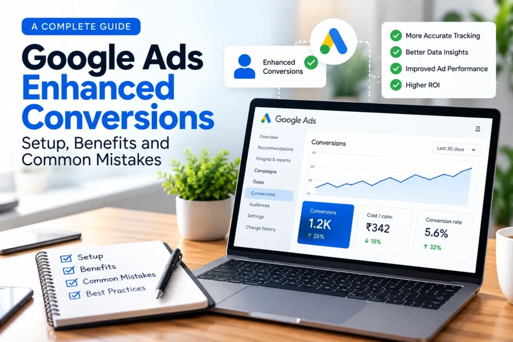 Google Ads enhanced conversions dashboard with tracking metrics and setup checklist