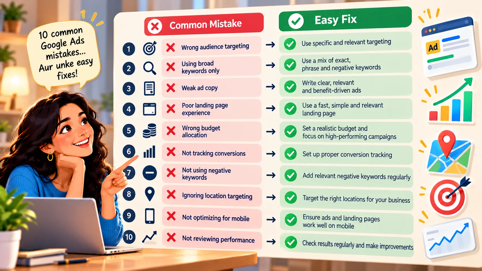 Checklist of ten Google Ads mistakes and their fixes