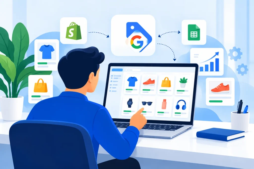 Ecommerce product feed dashboard showing product cards connected to Google Merchant Center and a spreadsheet