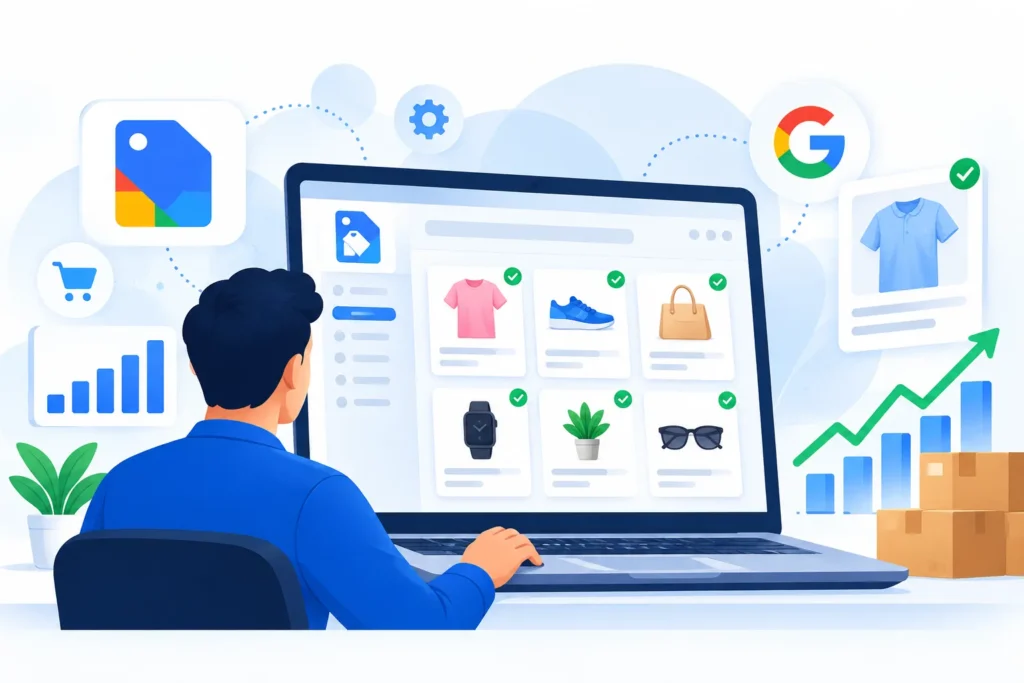 Ecommerce product cards with quality checks connected to a product feed dashboard