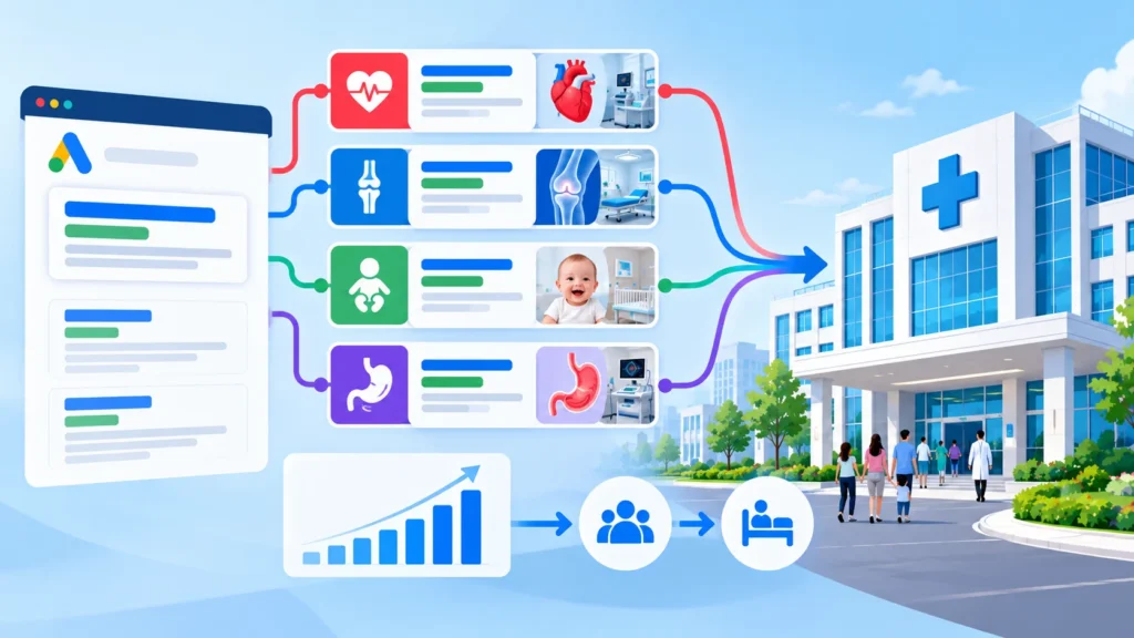 Hospital Google Ads campaigns structured by service line