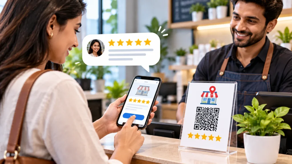 Customer leaving a Google review on a phone