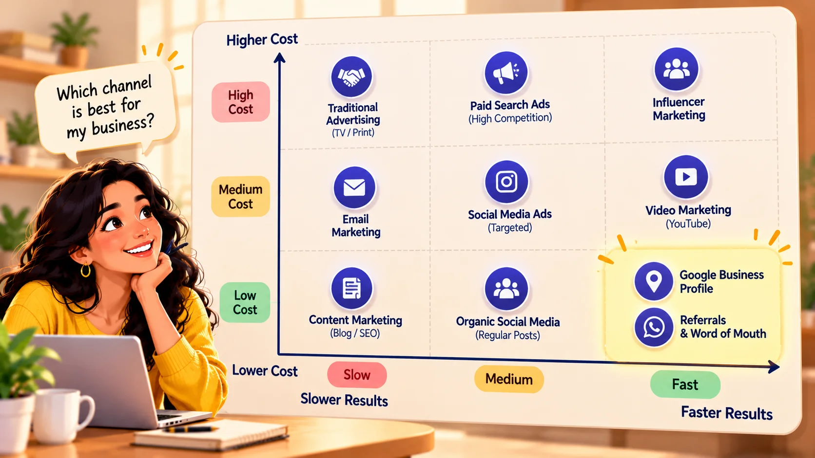 Matrix comparing lead generation channels by cost and speed
