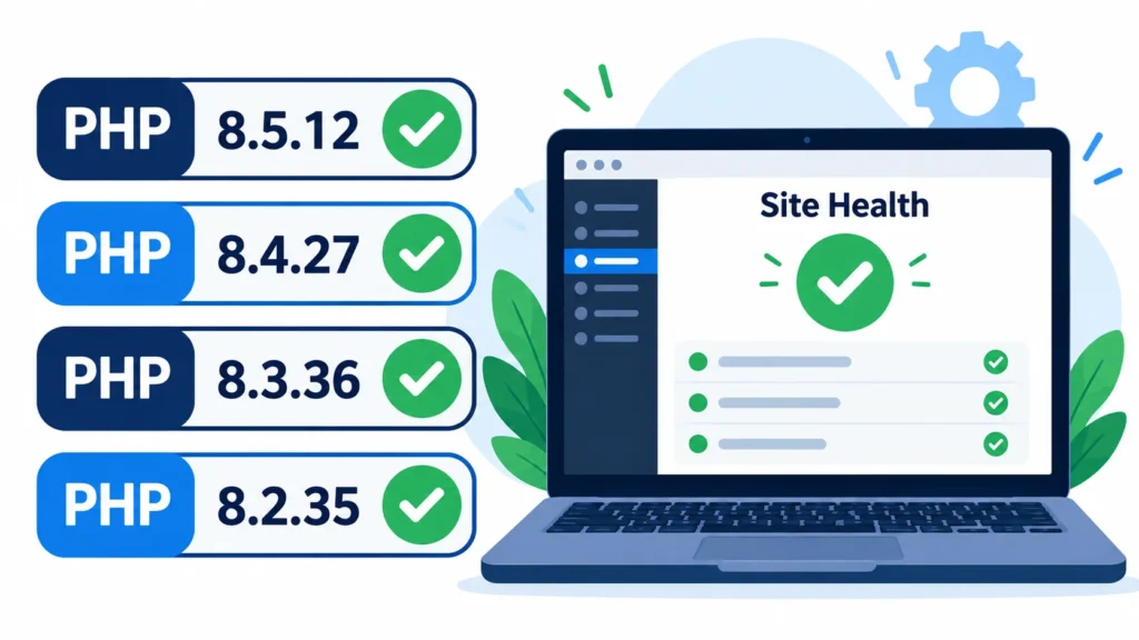 Badges showing the fixed PHP versions 8.5.12, 8.4.27, 8.3.36 and 8.2.35
