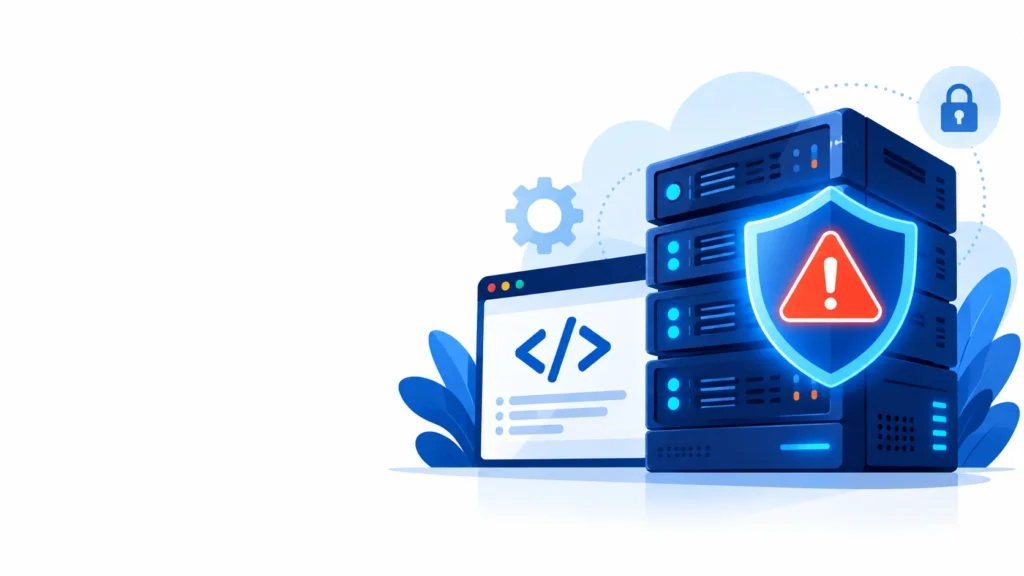 Illustration of a web server with a security shield and alert for the critical PHP update