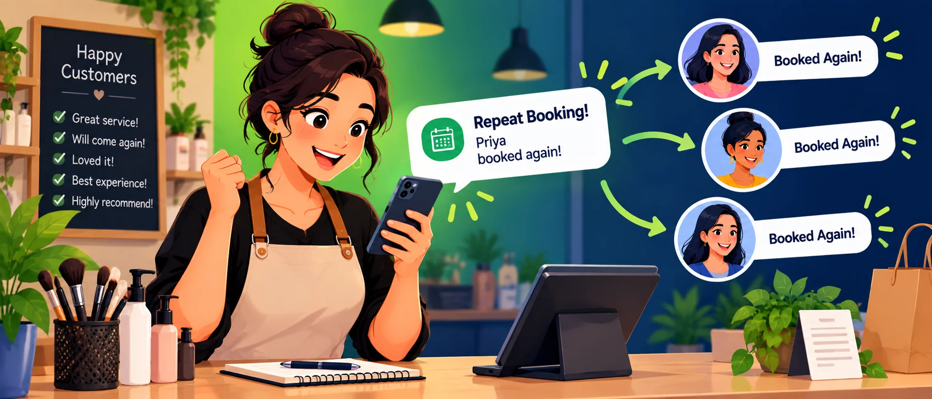Service business owner receiving a repeat booking notification