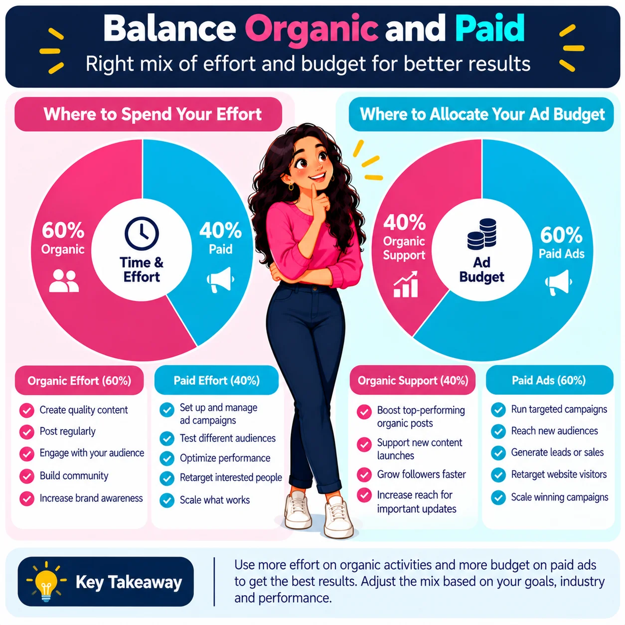 Donut chart balancing organic effort and paid ad budget