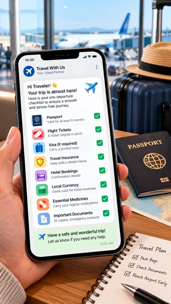 Pre-departure checklist message for travelers